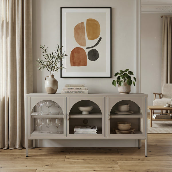 Vitrinen-Sideboard Klippestad Stahl 118x35x55 cm Kamelfarben [en.casa]
