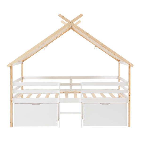 Hausbett Surnadal mit Matratze 90x200 cm Kiefernholz Weiß/Natur [en.casa]