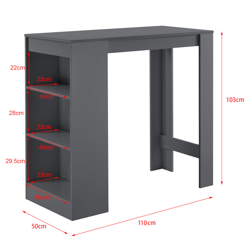 Maßskizze Bartisch Kouvola mit 3 Fächern 110x50x103 cm in versch. Farben [en.casa]