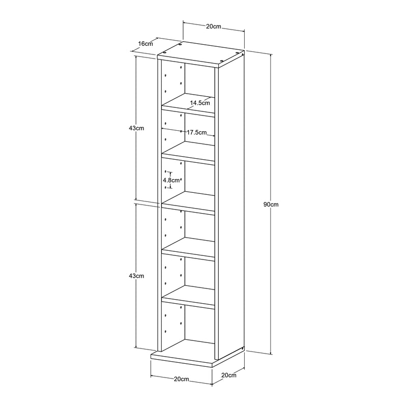 Maßskizze CD Regal Tynset 90x20x20 cm mit 6 Fächern [en.casa]