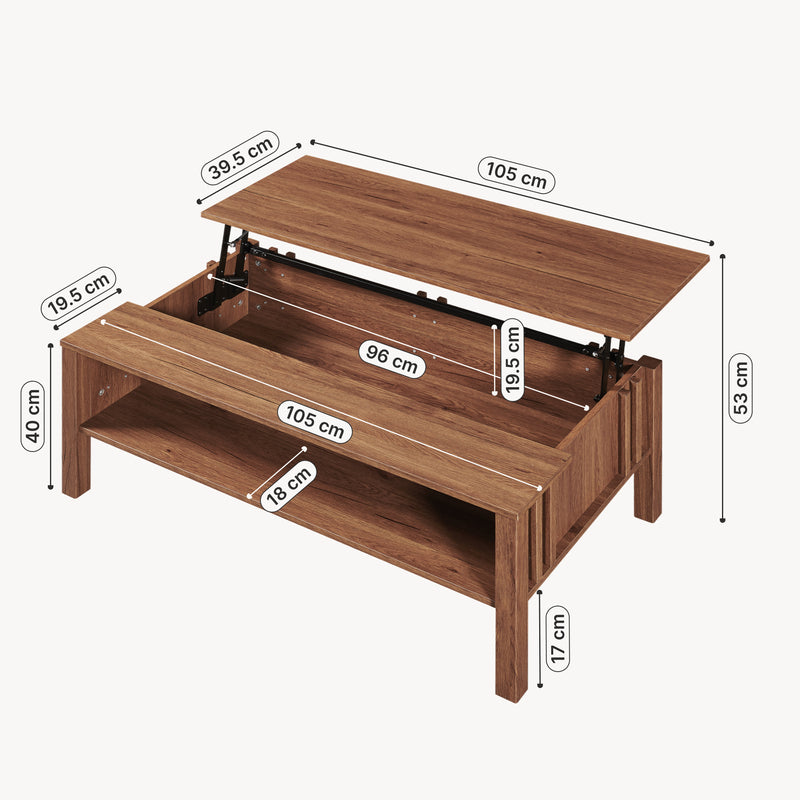 Maßskizze Couchtisch Kilmandar mit Liftfunktion 105x59x40/53 cm Walnussoptik [en.casa]