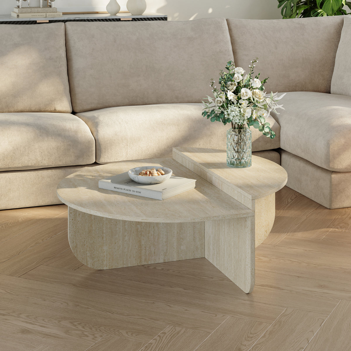en.casa Couchtisch, »Tondesdaslo« mit doppelter Tischplatte 90x90x35 cm Travertin
