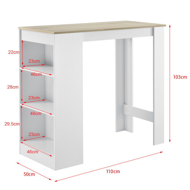 Maßskizze Bartisch Kouvola mit 3 Fächern 110x50x103 cm in versch. Farben [en.casa]