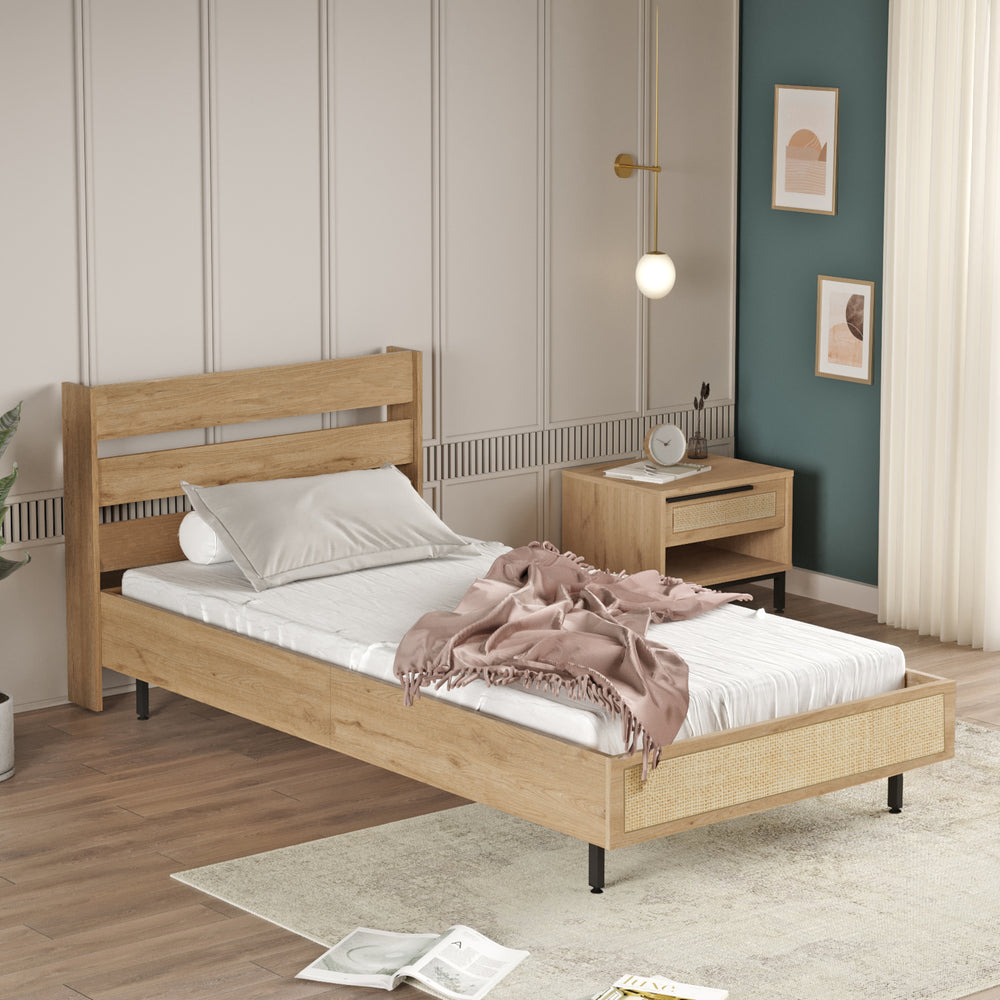 Einzelbett Kvænangen 100x200 cm Eiche - /Rattan - Optik [en.casa] - premiumXL
