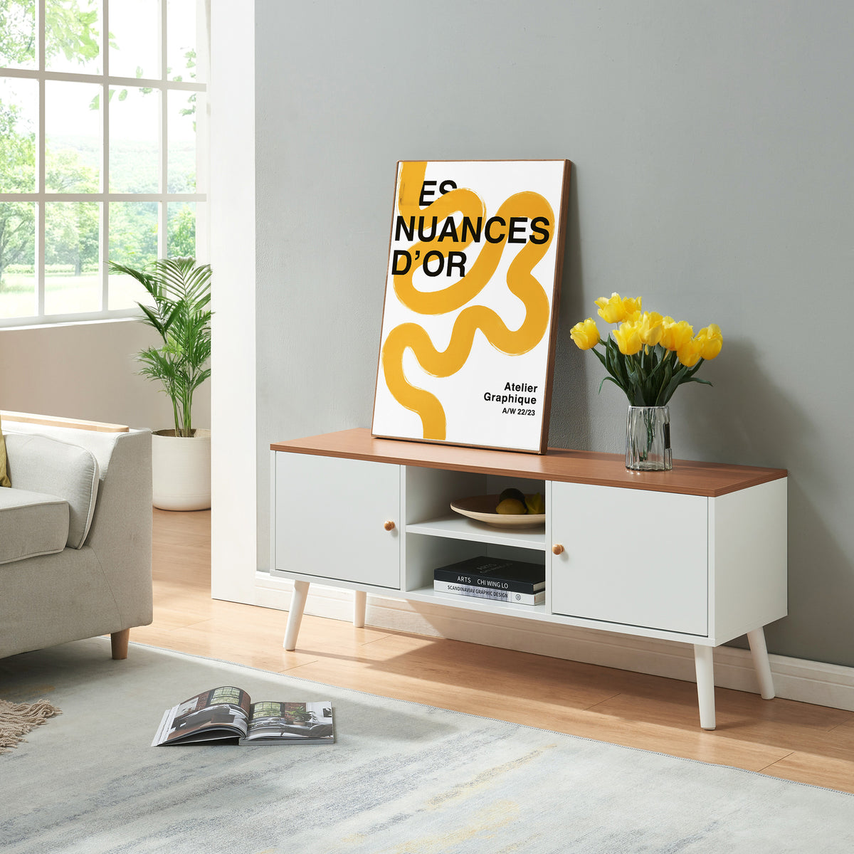 en.casa TV-Schrank »Reyljand« mit 2 Türen 120x35x50 cm Weiß / Teakoptik