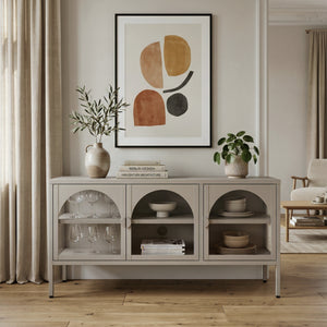 Vitrinen-Sideboard Klippestad Stahl 118x35x55 cm Warmgrau [en.casa]