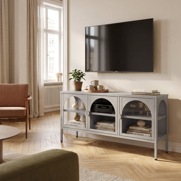 Vitrinen-Sideboard Klippestad Stahl 118x35x55 cm Warmgrau [en.casa]