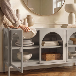 Vitrinen-Sideboard Klippestad Stahl 118x35x55 cm Warmgrau [en.casa]