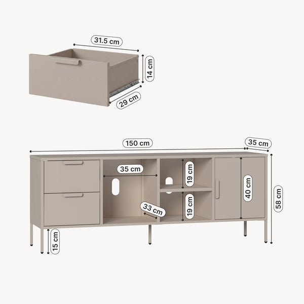 Fernsehschrank Kliri Stahl 150x35x58 cm Warmgrau [en.casa]