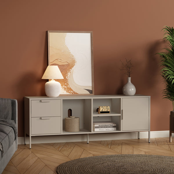 Fernsehschrank Kliri Stahl 150x35x58 cm Warmgrau [en.casa]