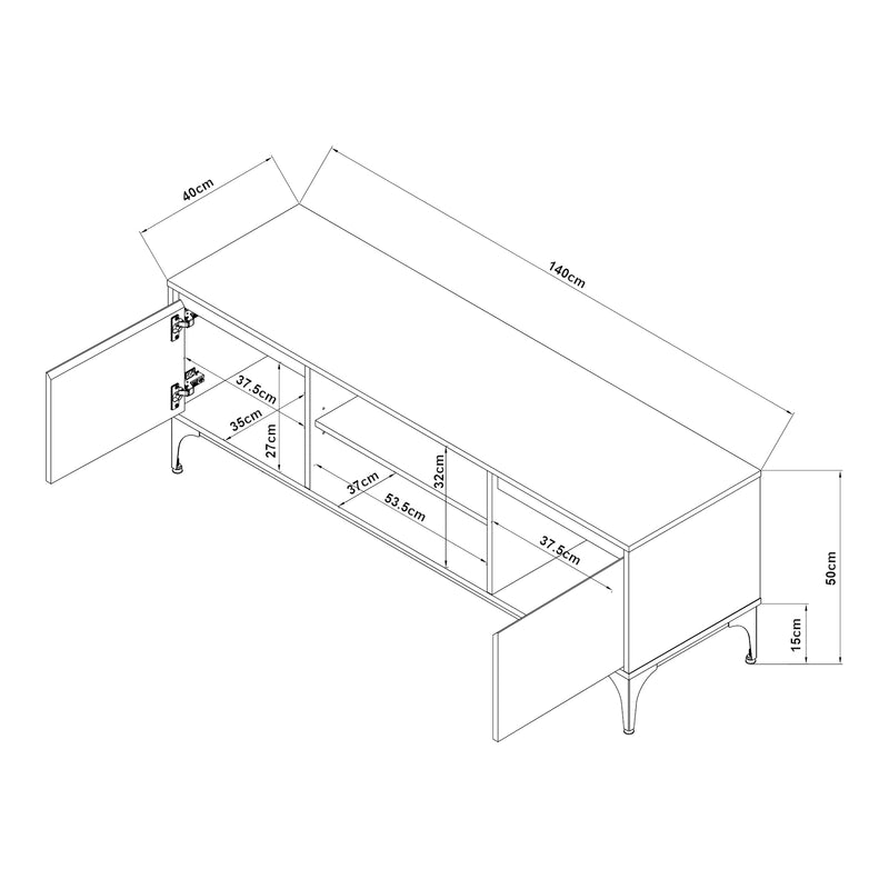 Maßskizze Fernsehschrank Kistiandi 140x40x50 cm [en.casa]