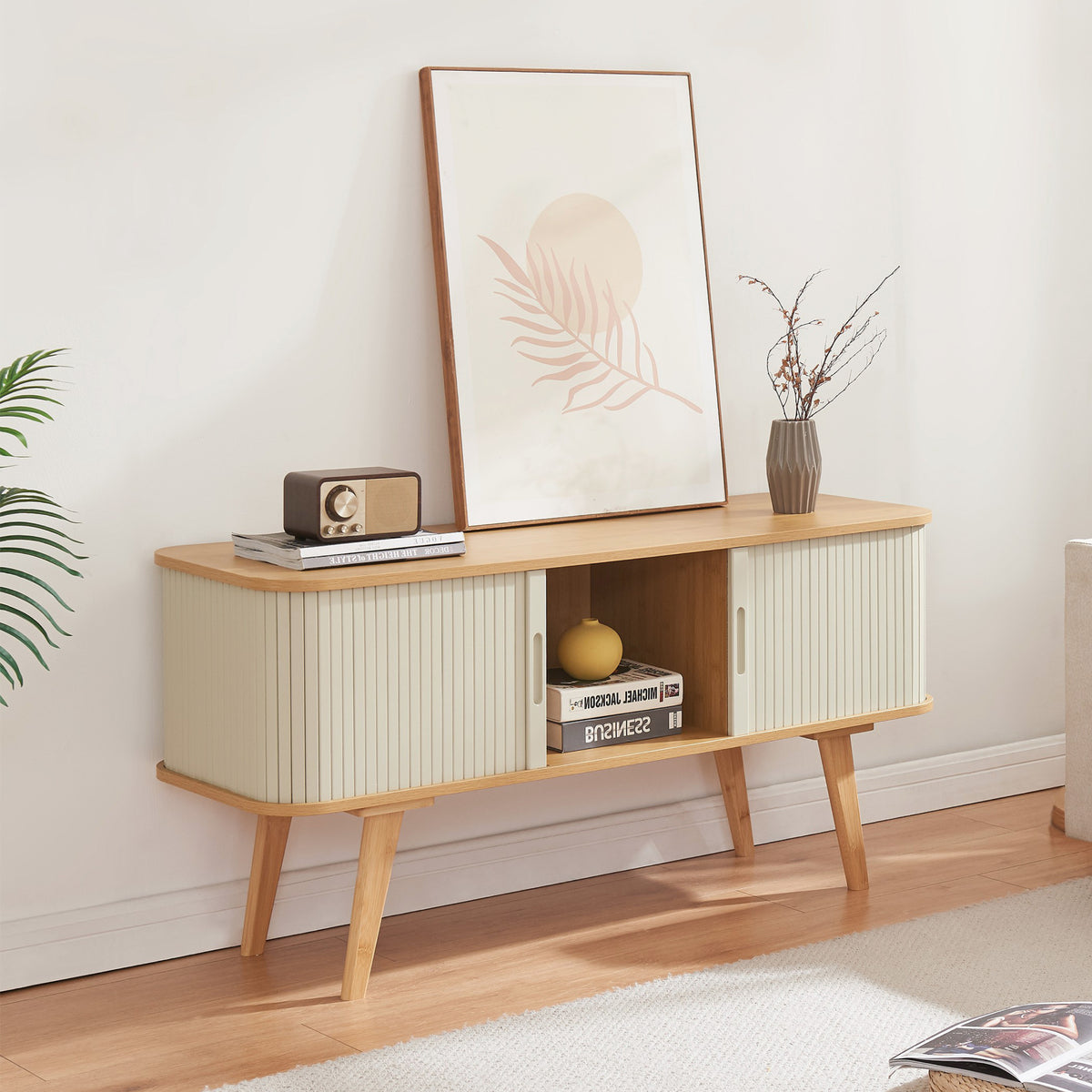 en.casa TV-Schrank »Tysvær« mit 2 Schiebetüren 120 x 40 x 58 cm Bambus/Cremeweiß