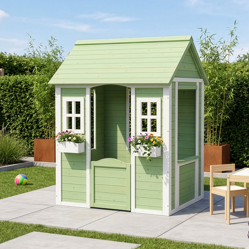 Kinderspielhaus Kuoldsvin Tannenholz 144x102x90 cm Grün/Weiß [en.casa]
