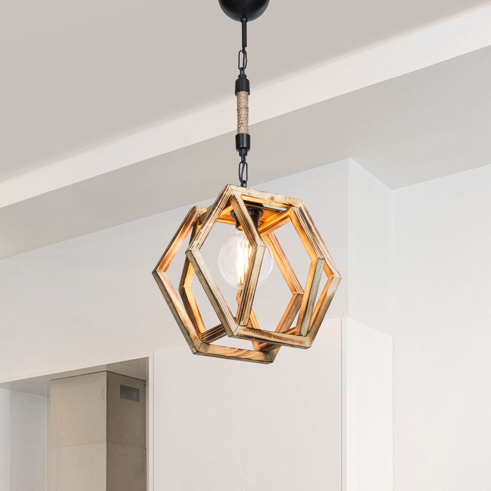 Hängeleuchte Cheltenham E27 Metall Massivholz Juteseil Schwarz / Holzoptik / Jutefarben [lux.pro] - premiumXL