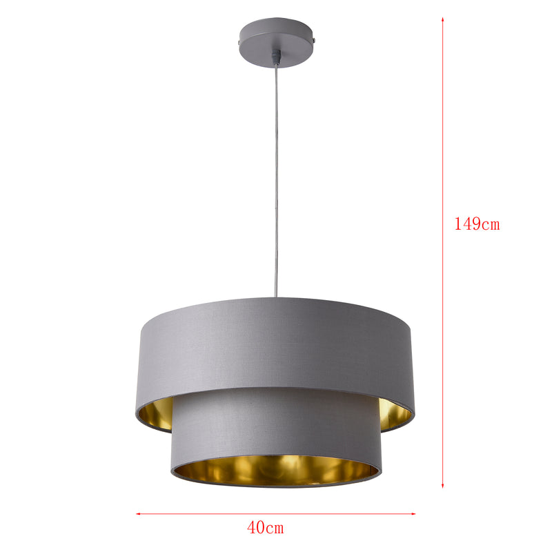 Maßskizze Hängeleuchte Lopar E27 Metall Stoff Grau-Gold lux.pro