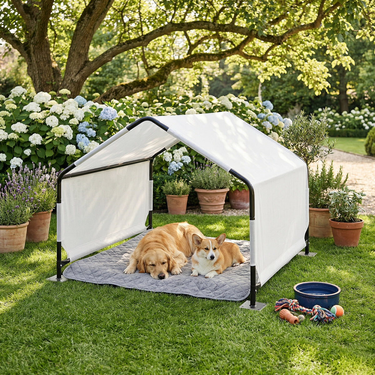 zelt hundehütte en.casa Hundezelt Valevali Outdoor 122x122 cm Rahmengröße:H54 2er Set Edelstahl Deckenhaken Wet-Dry