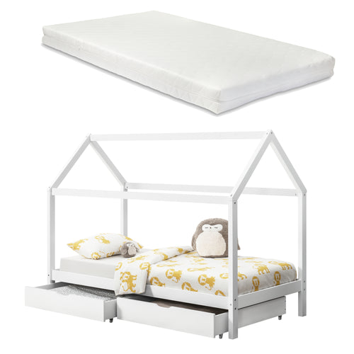 Kinderbett Lund 90x200 cm mit Kaltschaummatratze Kiefernholz Weiß en.casa