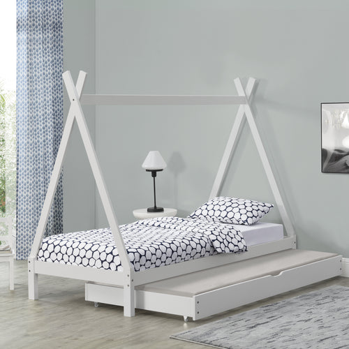 Kinderbett Cree 90x200cm mit Ausziehbett Holz Natur//Weiß [en.casa]