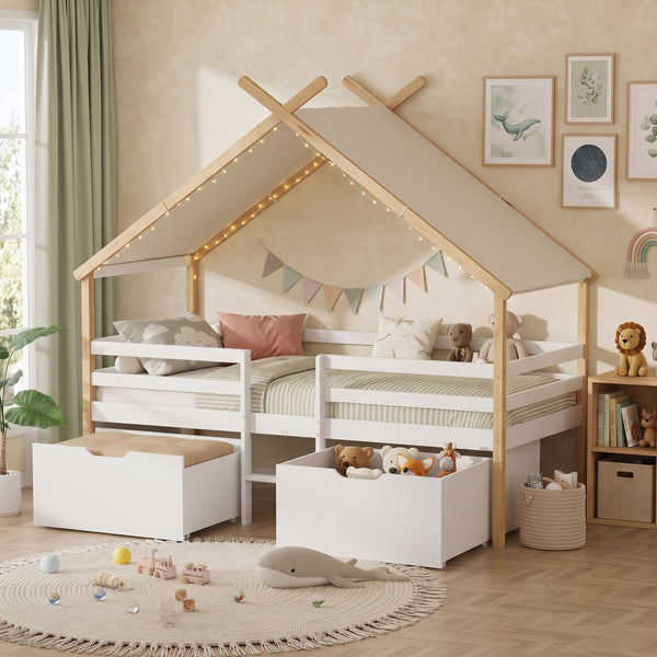 Hausbett Surnadal mit Matratze 90x200 cm Kiefernholz Weiß/Natur [en.casa]