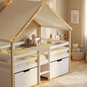 Hausbett Surnadal mit Matratze 90x200 cm Kiefernholz Weiß/Natur [en.casa]