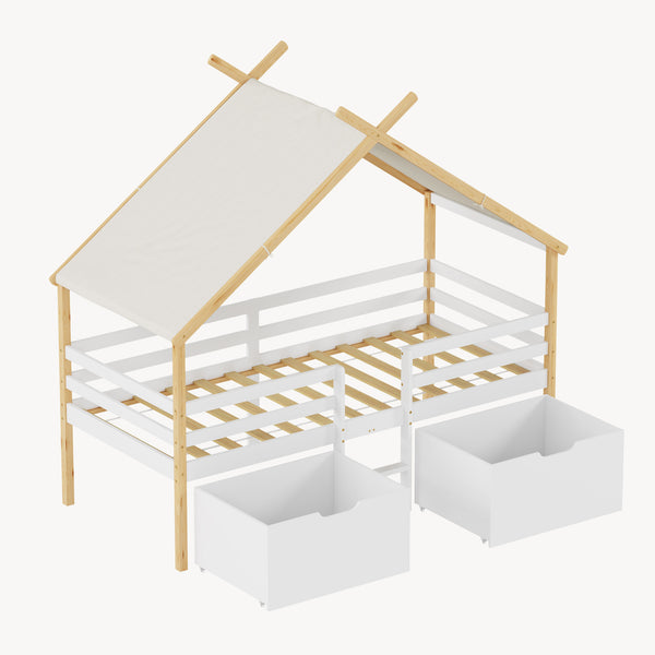 Hausbett Surnadal mit Matratze 90x200 cm Kiefernholz Weiß/Natur [en.casa]