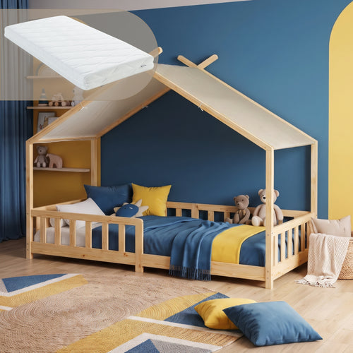 Hausbett Rila im Montessori-Stil mit Matratze und Rausfallschutz 90x200 cm [en.casa]