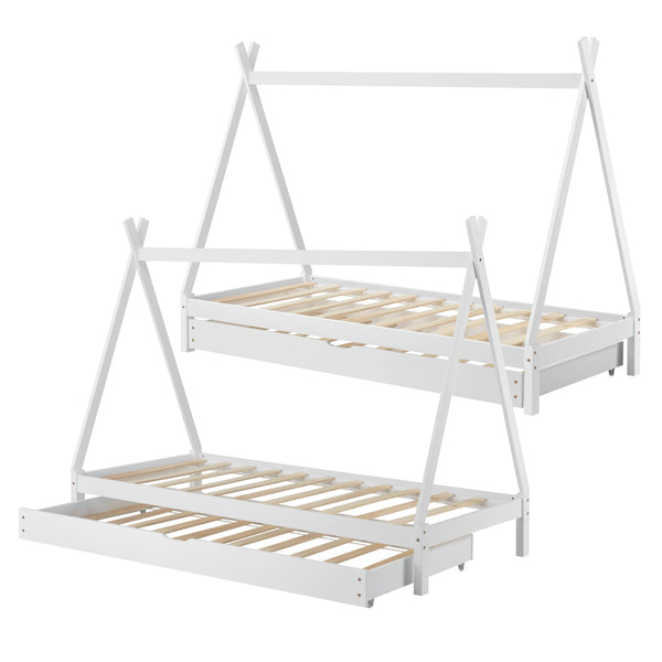 Kinderbett Cree 90x200cm mit Ausziehbett Holz Natur//Weiß [en.casa]
