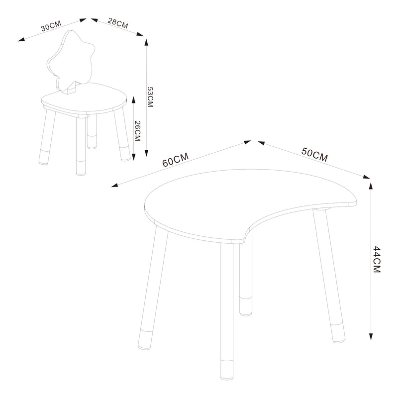 Maßskizze Kinderschreibtisch mit Stuhl Lallega Mond- und Stern-Design [en.casa]