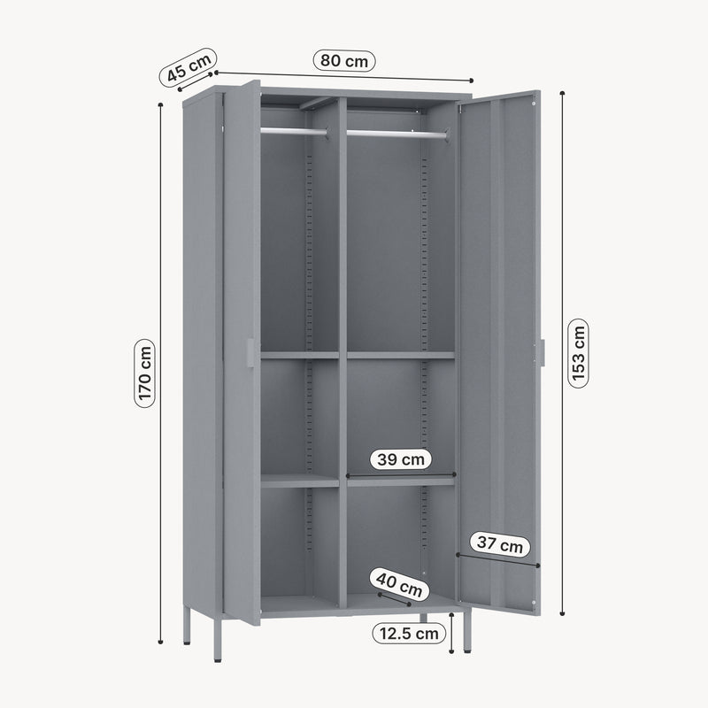 Maßskizze Kleiderschrank Esteli 170x80x45 cm Stahl [en.casa]