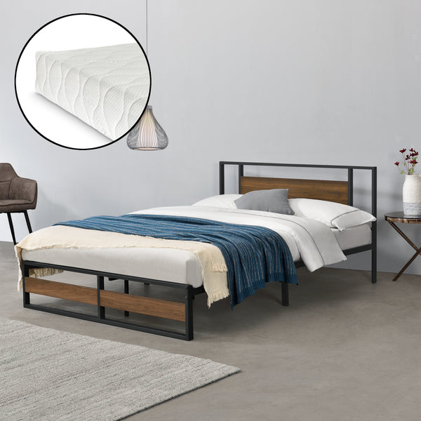 Metallbett Villach mit Matratze in versch. Größen Schwarz Walnuss-Optik [en.casa]
