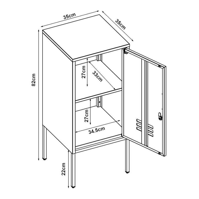 Maßskizze Nachtschrank Hausjärvi 82x35x35 cm Türgriff links Stahl [en.casa]