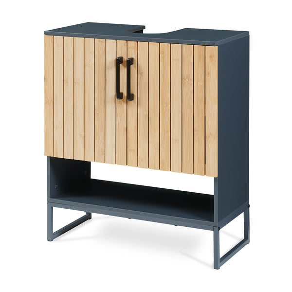 Waschbeckenunterschrank 'Svanes' 70 x 60 x 30 cm Bambusfront Metallgestell Dunkelgrau/Natur