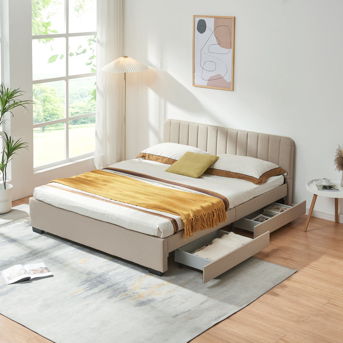 en.casa Polsterbett, »Nofrenna« mit 4 Schubladen 160 x 200 cm Leinen Beige