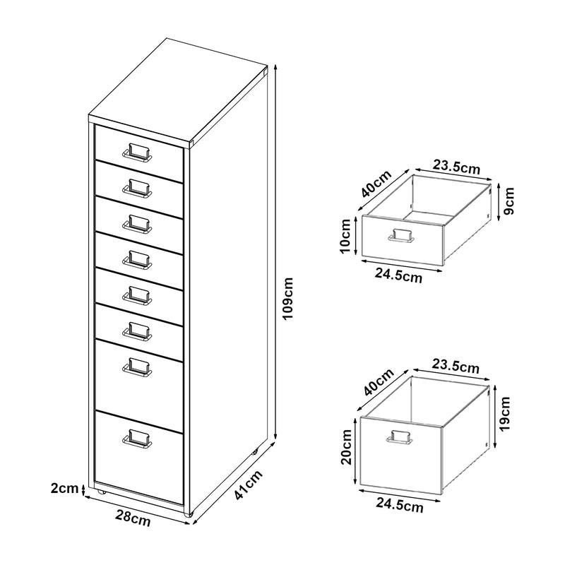 Maßskizze Rollcontainer Kökar mit 8 Schubladen 109x28x41 cm [en.casa]