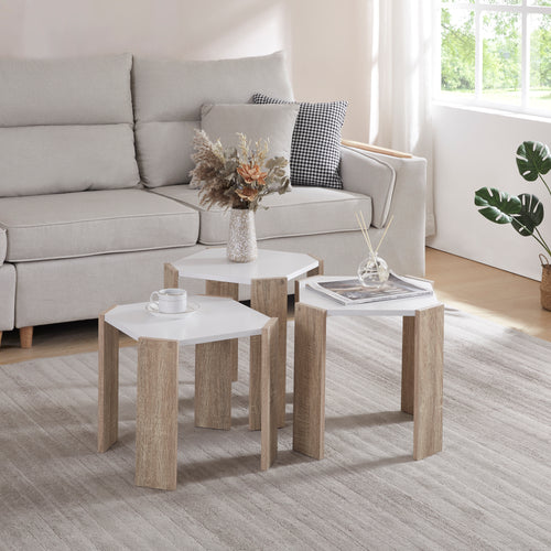 Satztisch Rantasalmi 3er Set Weiß/Eiche - Optik [en.casa] - premiumXL