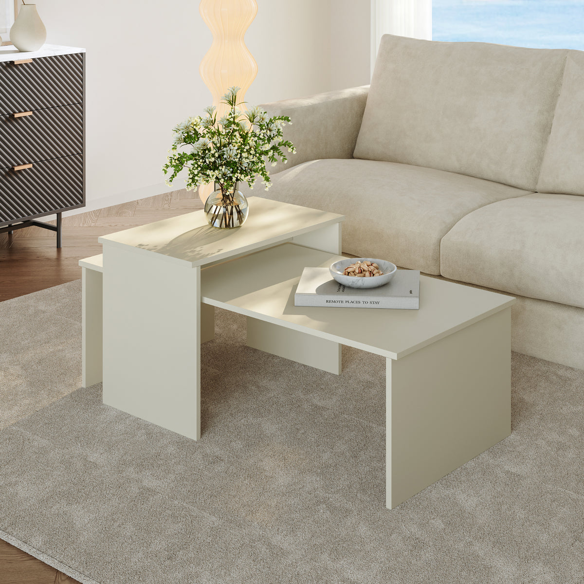 en.casa Satztisch (2er Set), »Sotapim« rechteckig Sandfarben (Oatmeal)