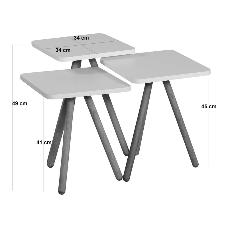 Maßskizze Satztisch Hobro im 3er Set Quadratisch 49x34x34 cm [en.casa]
