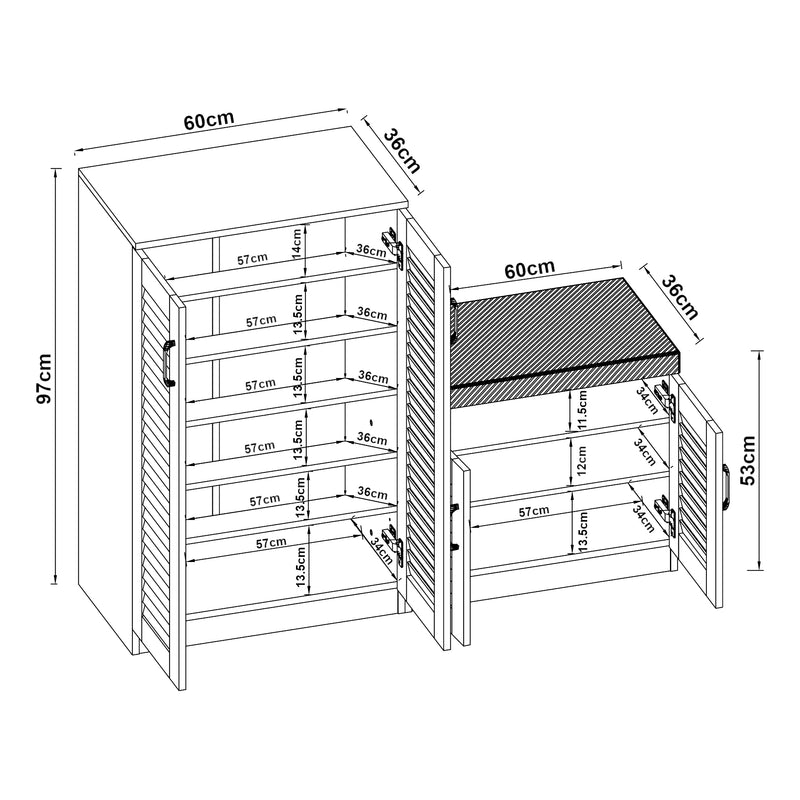 Maßskizze Schuhschrank Løten mit Sitzbank 120x36x97 cm Weiß [en.casa]