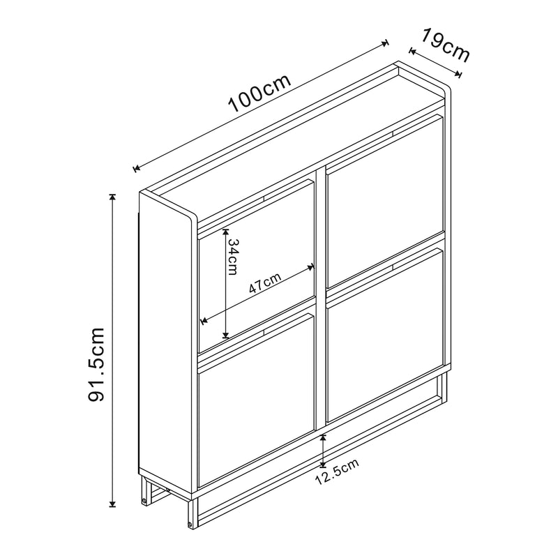 Maßskizze Schuhschrank Ylitornio 91,5x100x19 cm Weiß [en.casa]