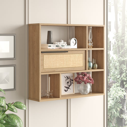 Wandregal Kvænangen 90x22x81cm Eiche/Rattanoptik [en.casa]