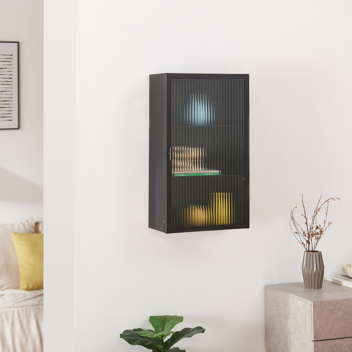 en.casa Hängeschrank »Zundert« 60 x 35 x 15 cm mit geriffelter Glastür Stahl Schwarz