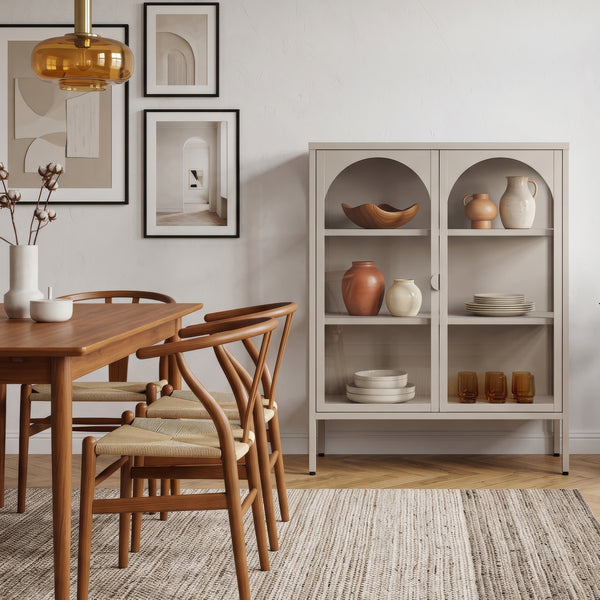 Vitrinen-Sideboard Klippestad Stahl 95x80x35 cm Warmgrau [en.casa]