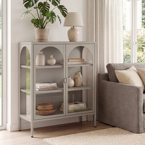 Vitrinen-Sideboard Klippestad Stahl 95x80x35 cm Warmgrau [en.casa]
