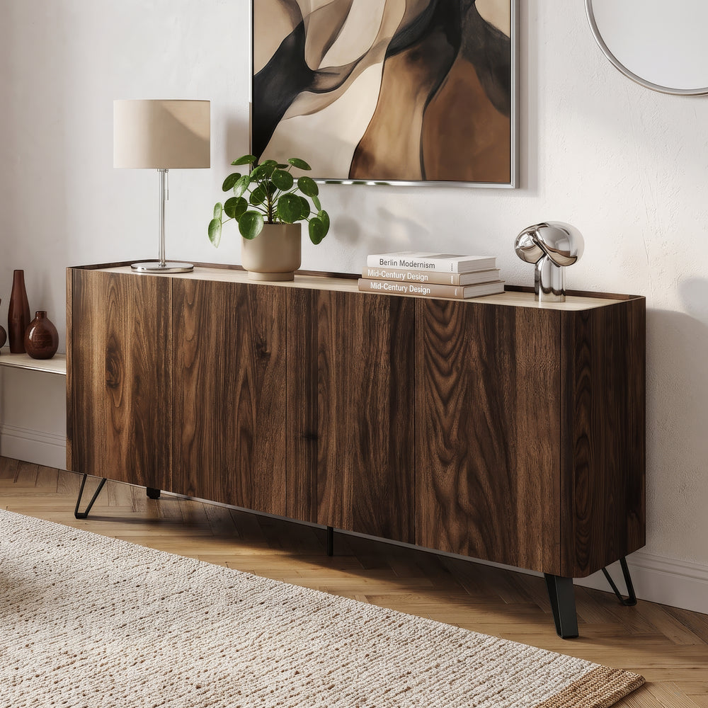 Sideboard Trorlon 160x40x83 cm Walnussoptik/Travertin [en.casa]
