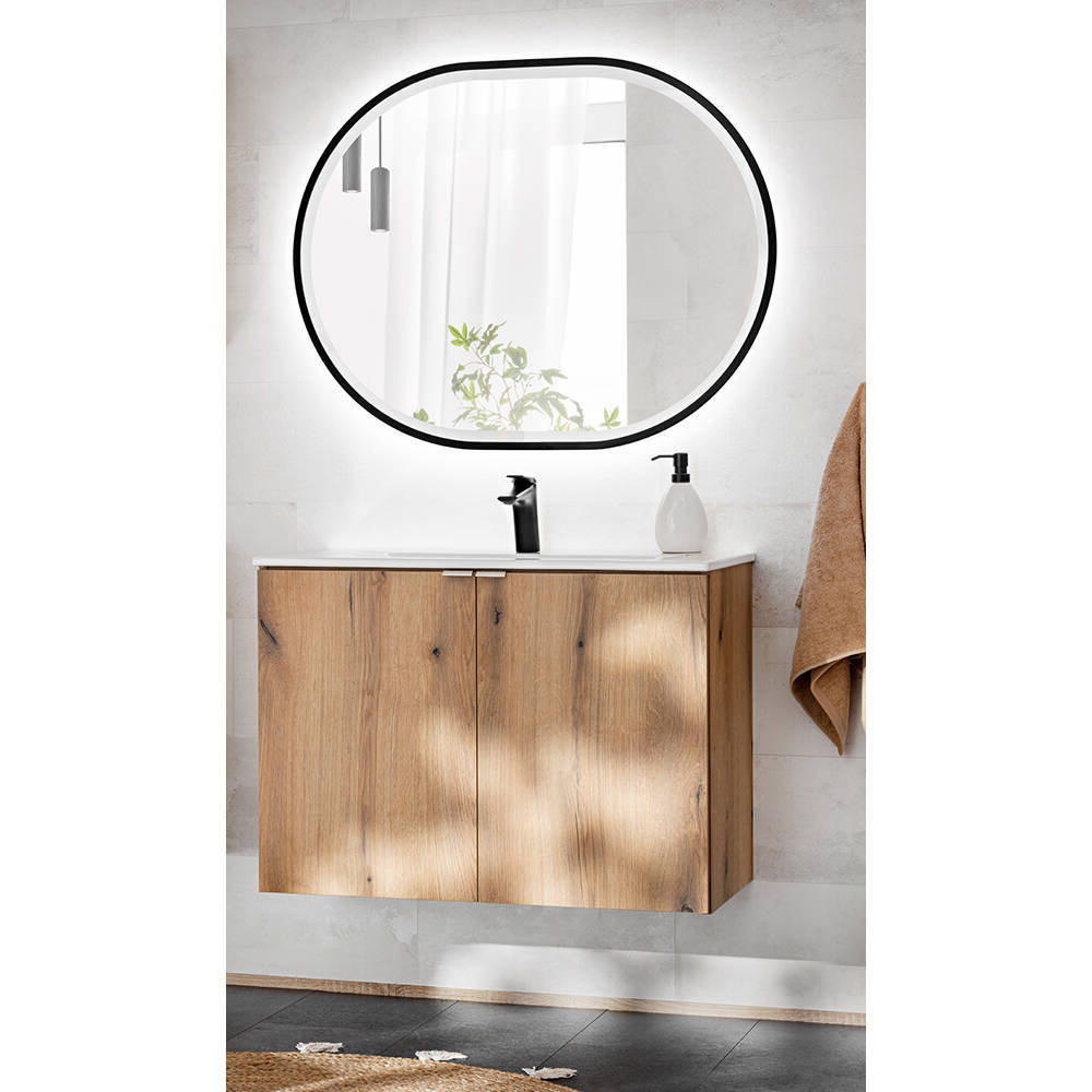 Waschtisch Skelbolu 80x57x39 cm mit LED-Spiegel Eicheoptik [en.casa]